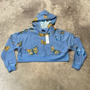 Out from‎ Under Sweatshirt Medium Blue Kimber Hoodie Cropped Butterfly Oversized